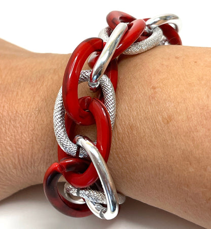 Red Silver Chain Bracelet, Chunky Statement Bracelet, Textured Jewellery, Retro Acrylic Jewellery, Bracelets for Women