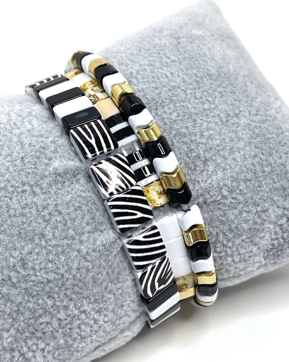 Black Gold White Tila Stretch Bracelets | Set of 3 | Multicolour Japanese Beads