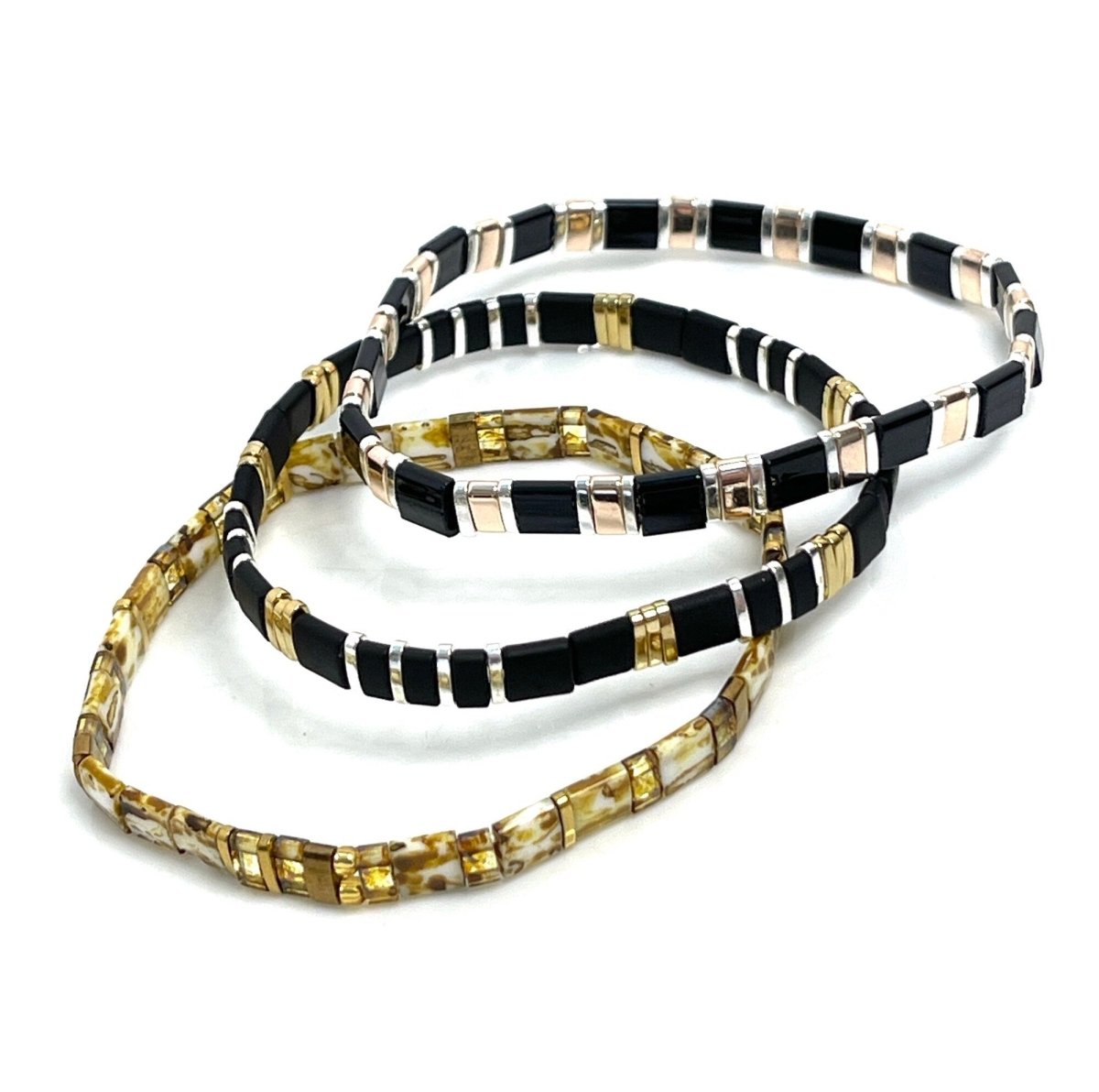Black Gold Silver Tila Stretch Bracelets | Set of 3 | Multicolour Japanese Beads