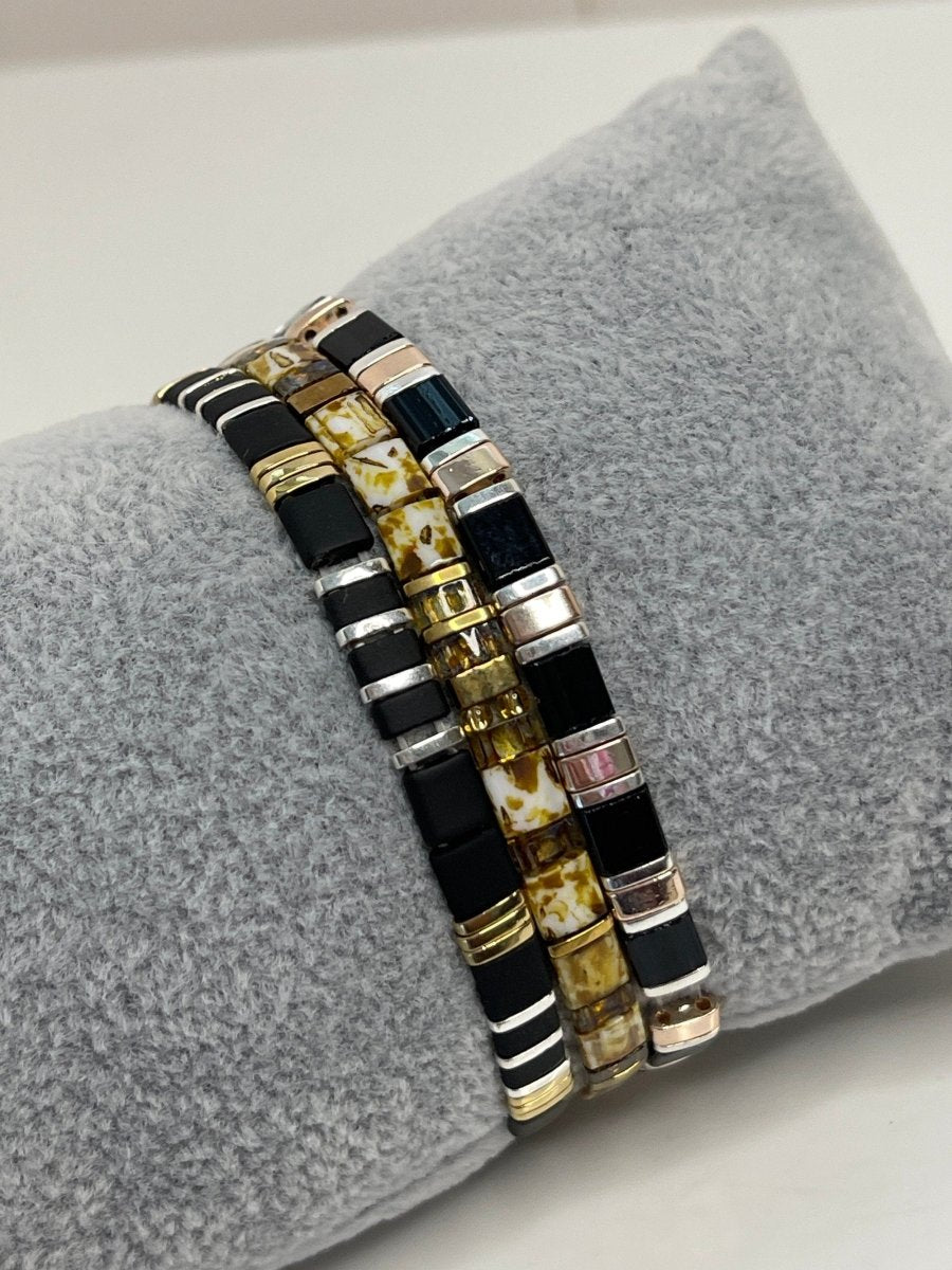 Black Gold Silver Tila Stretch Bracelets | Set of 3 | Multicolour Japanese Beads