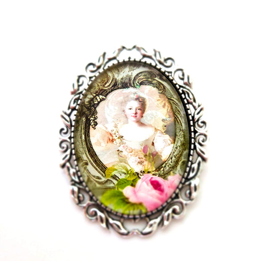Vintage Style Cameo Brooch | Victorian Lady Portrait Brooch | Silver Plated | Lady with Flowers Pin