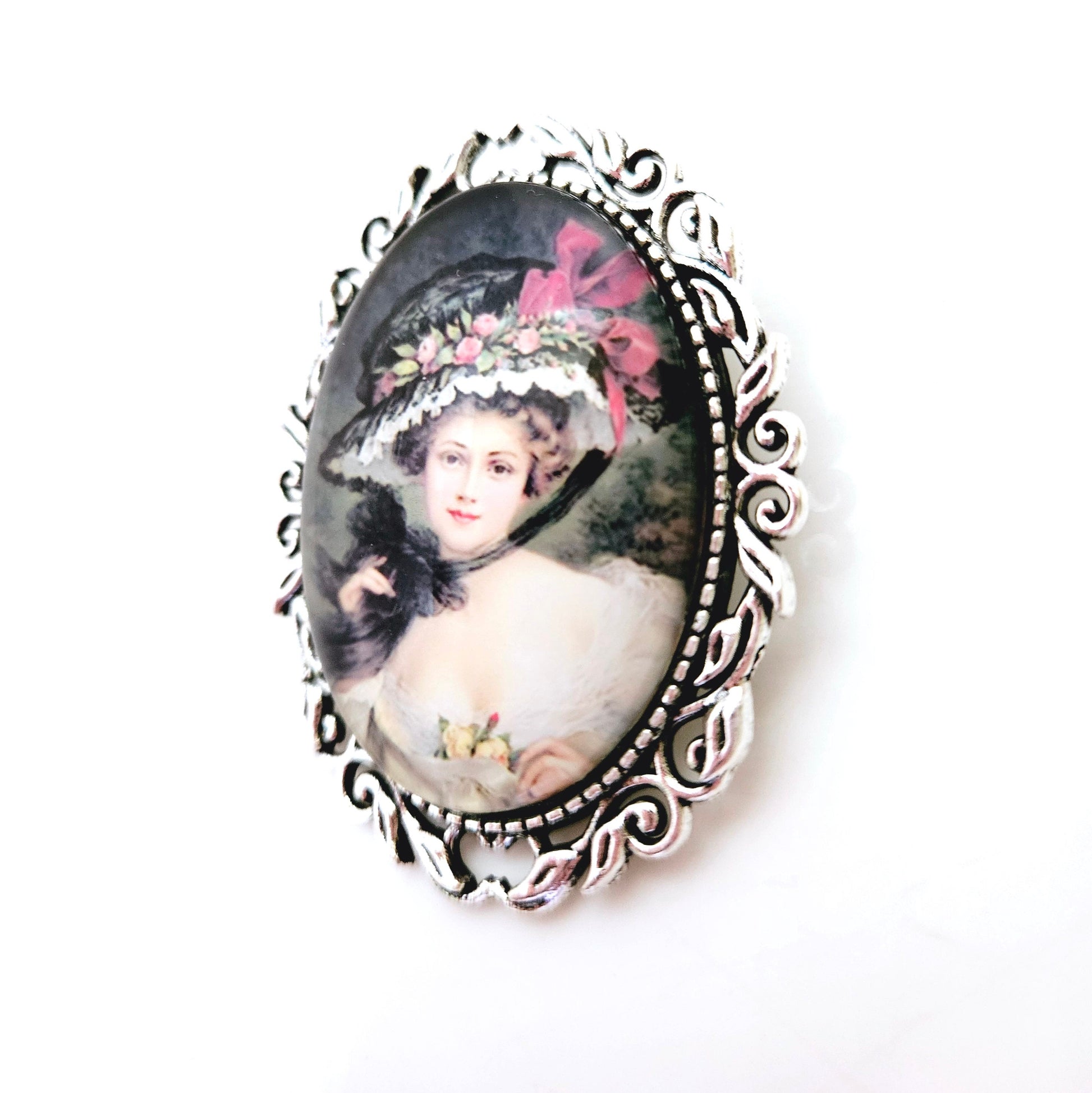 Vintage Style Cameo Brooch, Victorian Lady Portrait Brooch, Silver Plated, Lady with Flower Hat, Stylish Cameo Pin, Brooches For Women