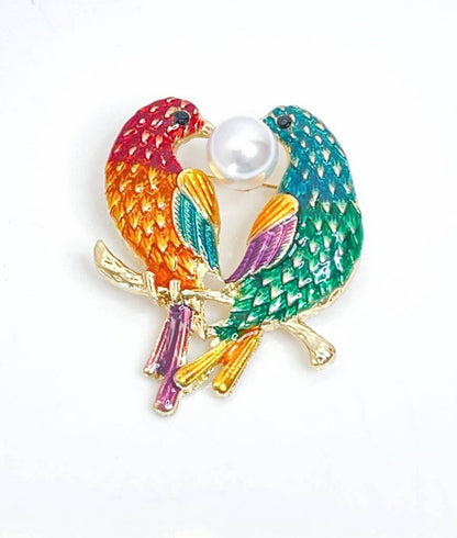 Twin Bird Pearl Brooch, Enamel Birds Pin, Exotic Birds Brooch, Colourful Birds Jacket Pin, Brooches For Women