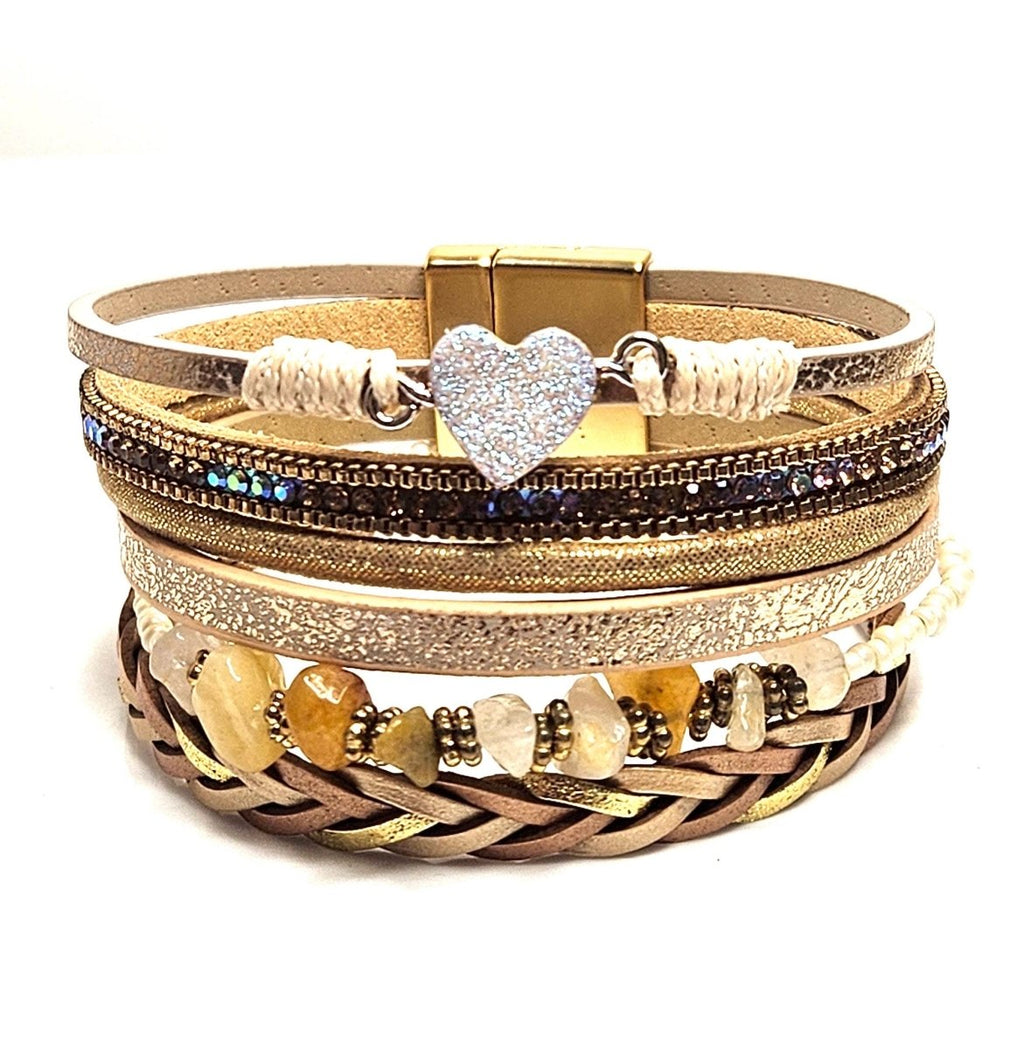 Gold Wide Multi Strand Bracelet, Chunky Statement Bracelet, Mixed Material Bracelet, Boho Beaded Bracelets for Women