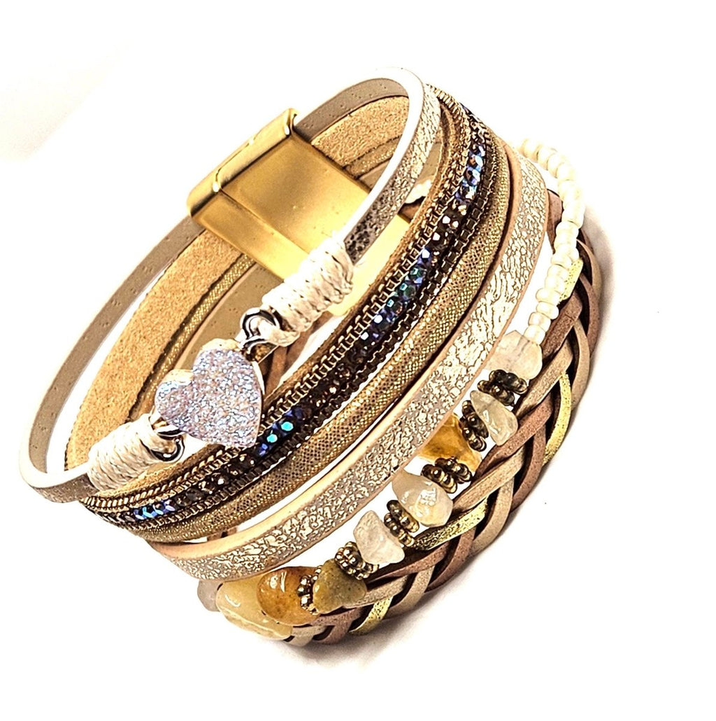 Gold Wide Multi Strand Bracelet, Chunky Statement Bracelet, Mixed Material Bracelet, Boho Beaded Bracelets for Women