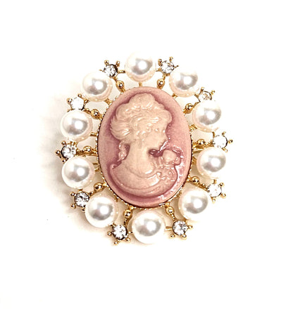 Gorgeous Pink Gold Cameo Brooch, Victorian Pearl Lady Brooch, Crystal Jewelry, Stylish Cameo Pin, Brooches For Women