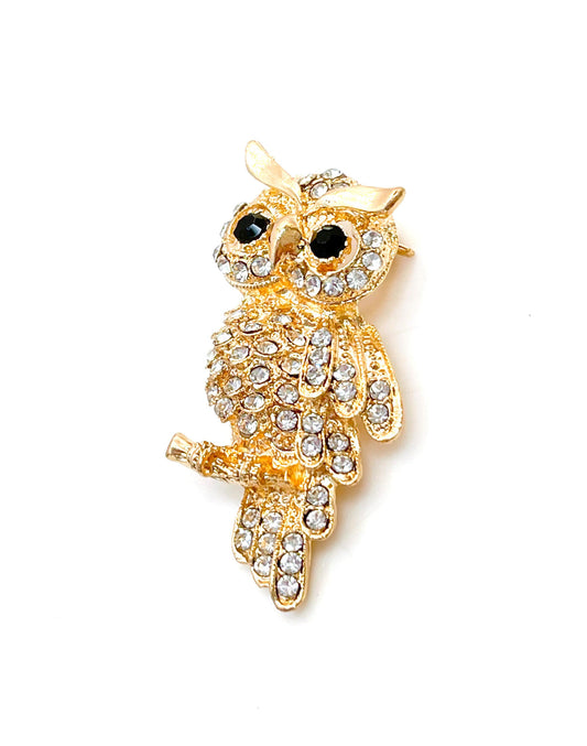 Gold Plated Vintage Style Owl Brooch, Rhinestone Crystal Pin, Wise Owl Sparkly Jacket Pin, Brooches For Women