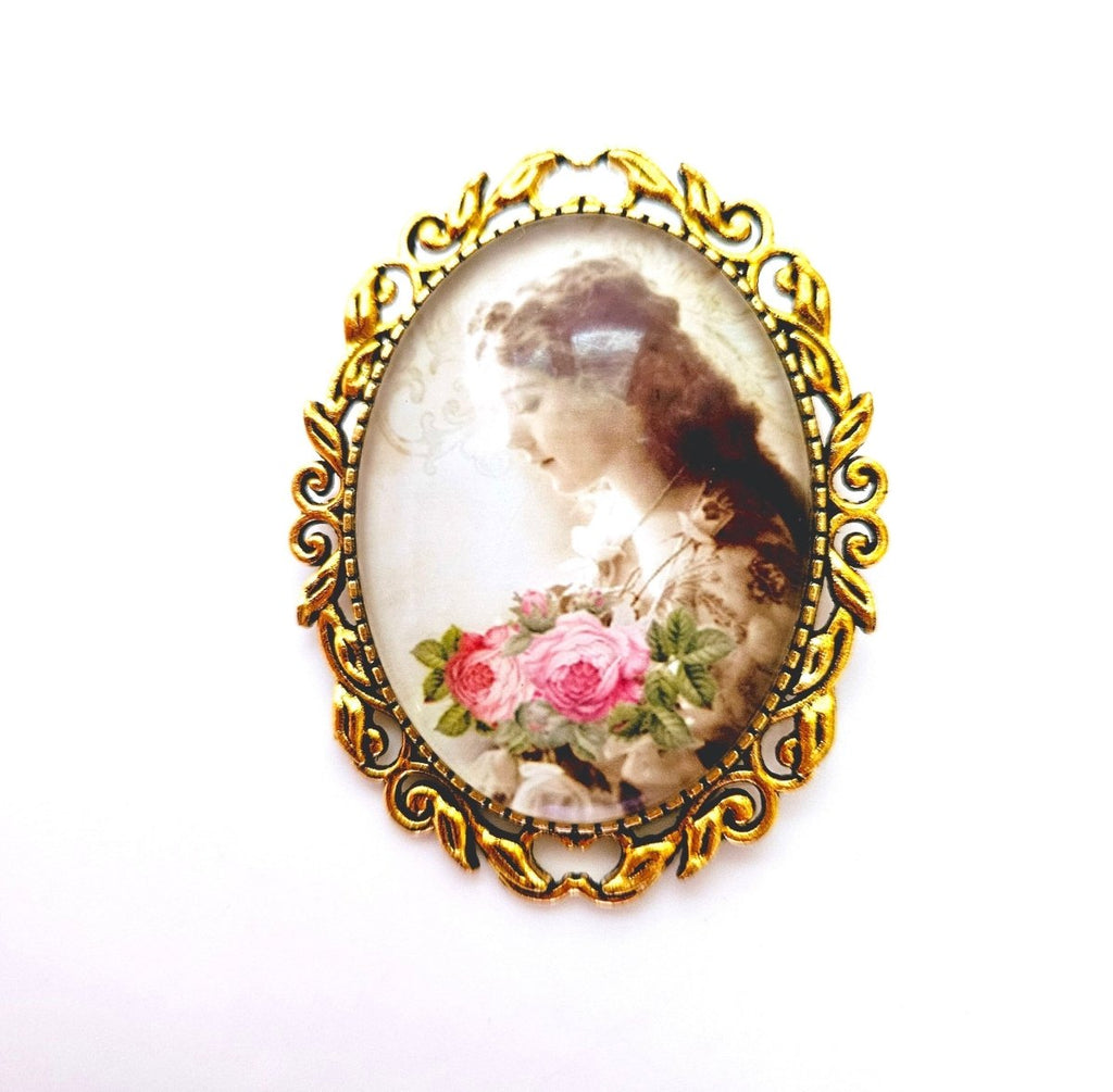 Vintage Style Cameo Brooch | Victorian Lady Portrait Brooch |  Lady With Flowers Pin