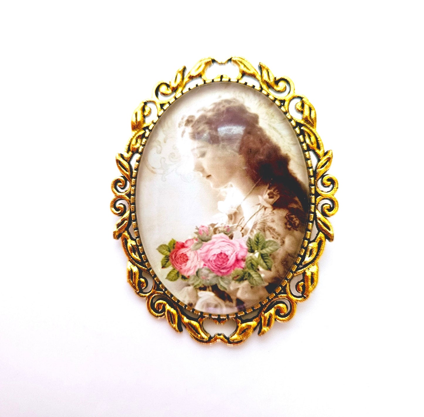 Vintage Style Cameo Brooch, Victorian Lady Portrait Brooch, Gold Plated, Lady With Flowers Pin, Stylish Cameo Pin, Brooches For Women