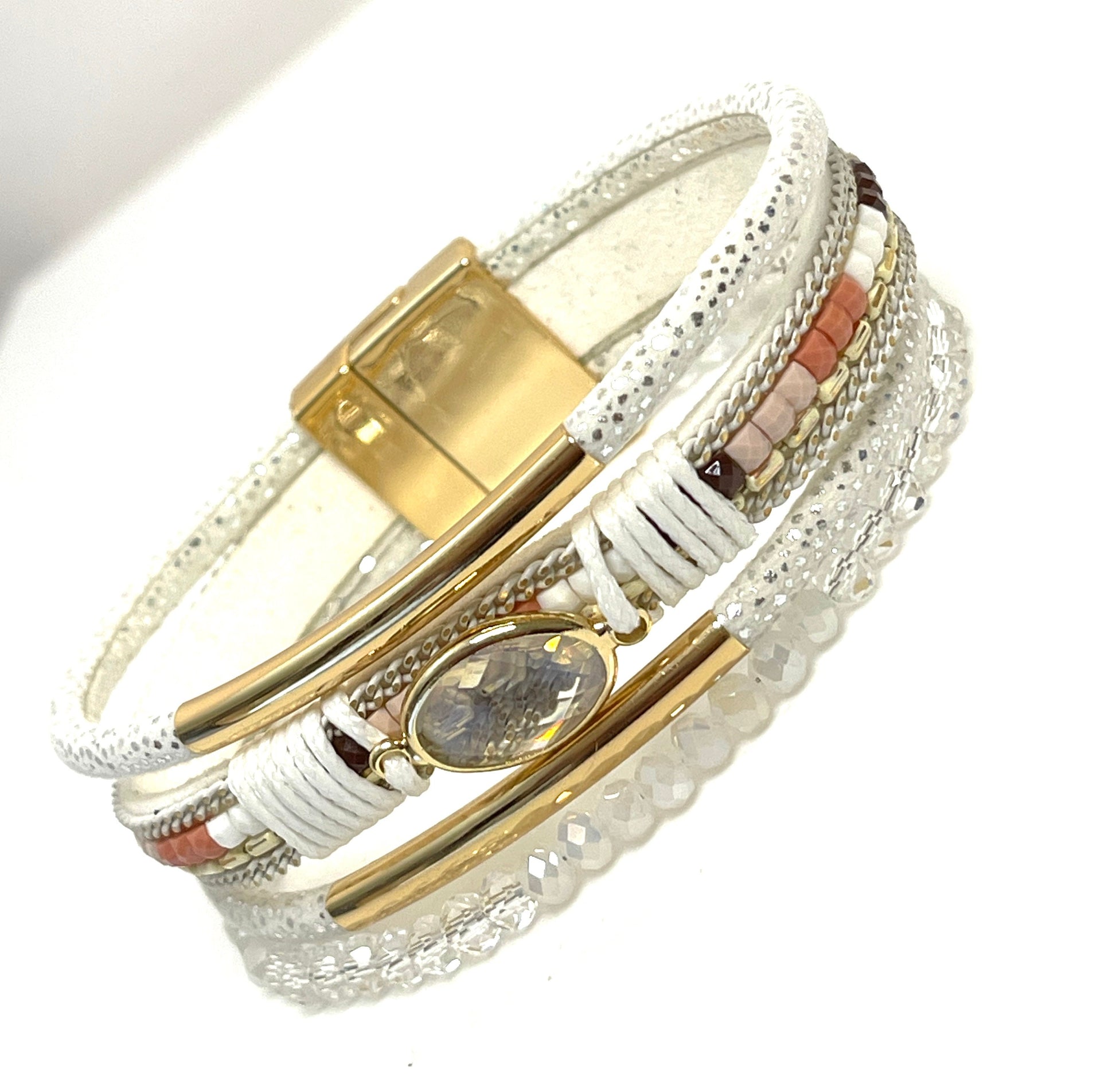 White Gold Wide Multi Strand Bracelet, Chunky Statement Bracelet, Mixed Material Bracelet, Boho Beaded Bracelets for Women