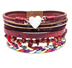 Wine Red Wide Multi Strand Bracelet, Chunky Statement Bracelet, Mixed Material Bracelet, Boho Beaded Bracelets for Women