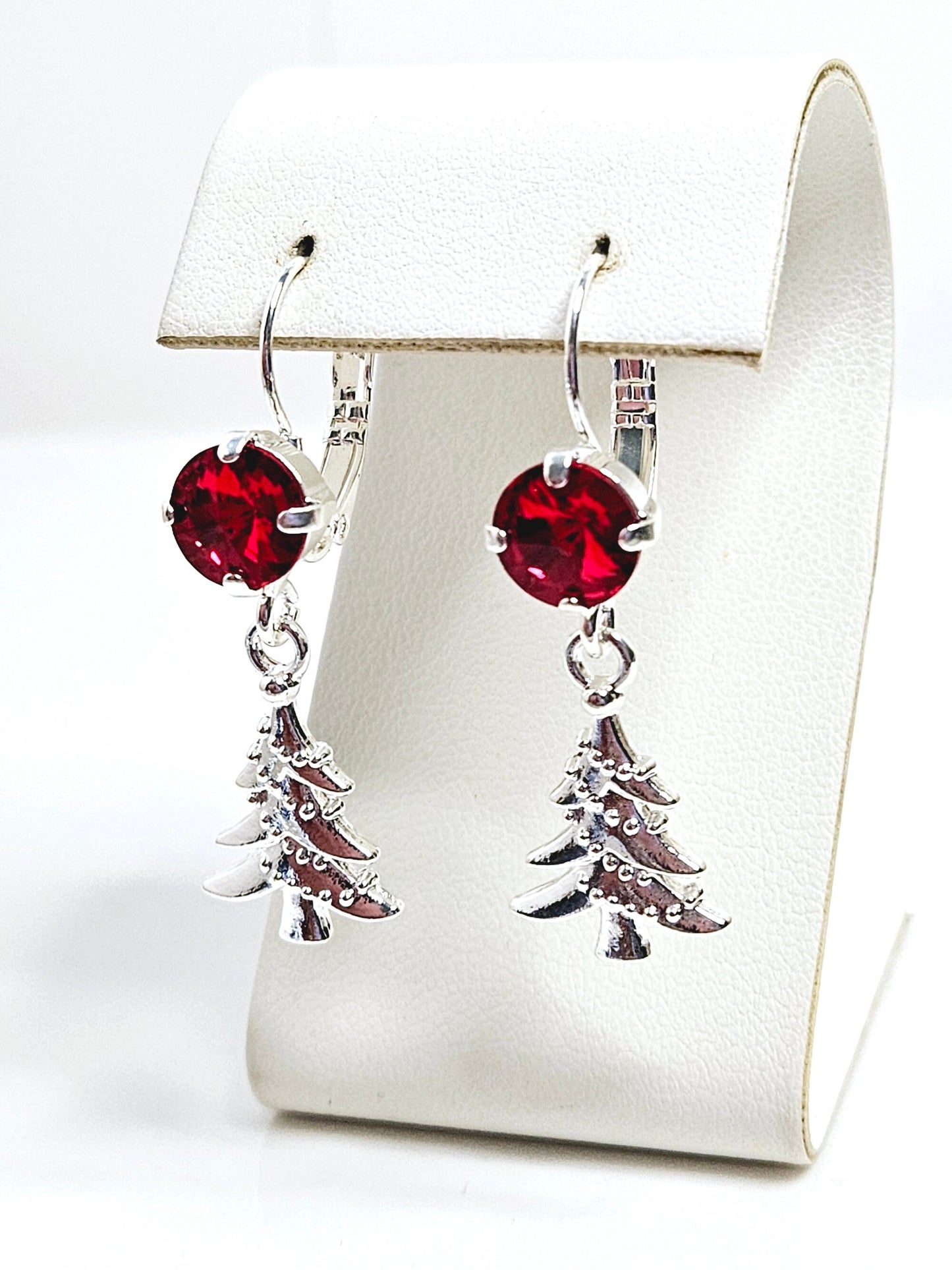 Red Crystal Xmas Tree Earrings, Siam Dangles, Statement Drops, Silver Plated, Christmas Gift for Her, Earrings For Women