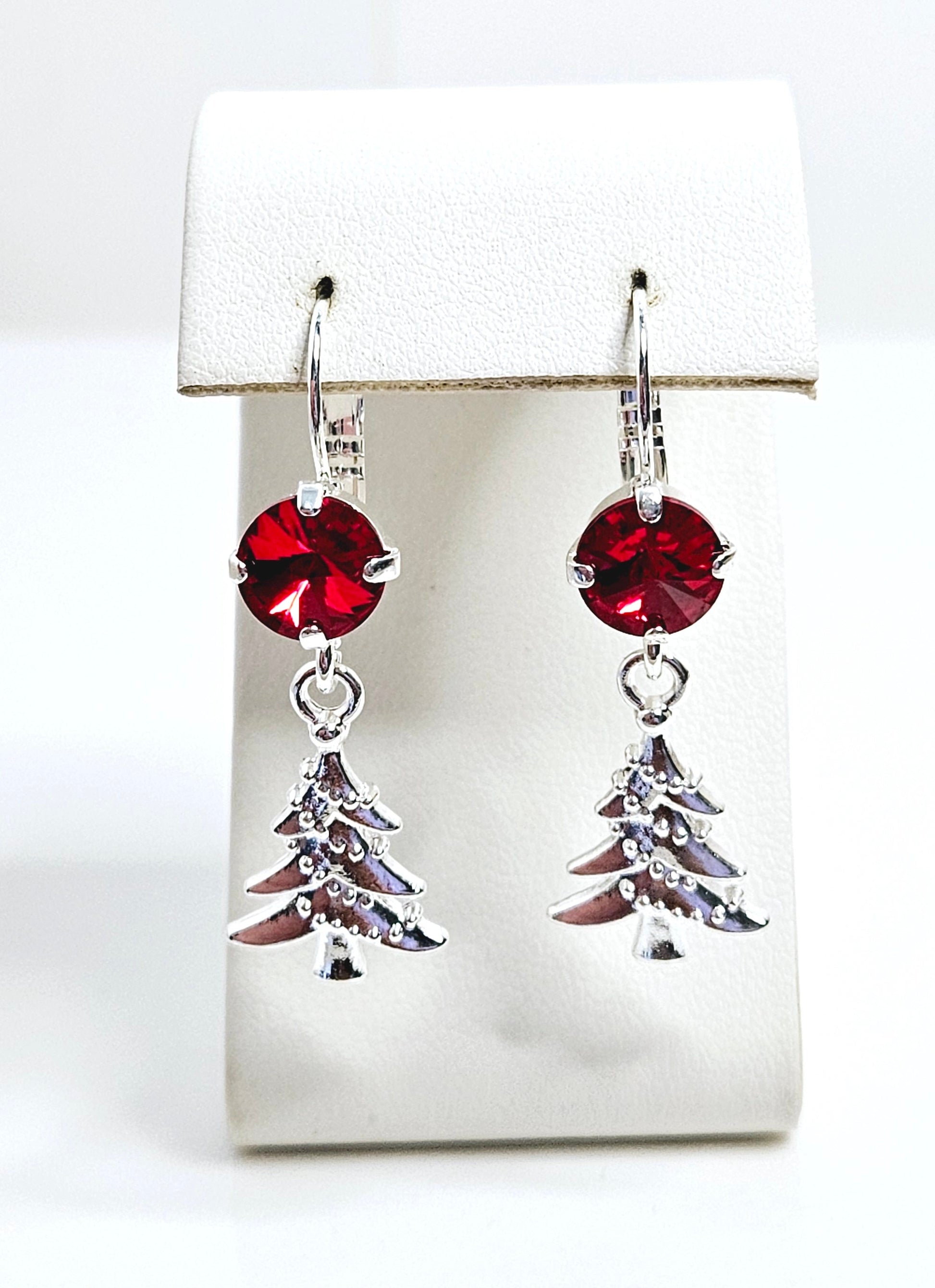 Red Crystal Xmas Tree Earrings, Siam Dangles, Statement Drops, Silver Plated, Christmas Gift for Her, Earrings For Women