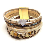 Gold Wide Multi Strand Bracelet, Chunky Statement Bracelet, Mixed Material Bracelet, Boho Beaded Bracelets for Women