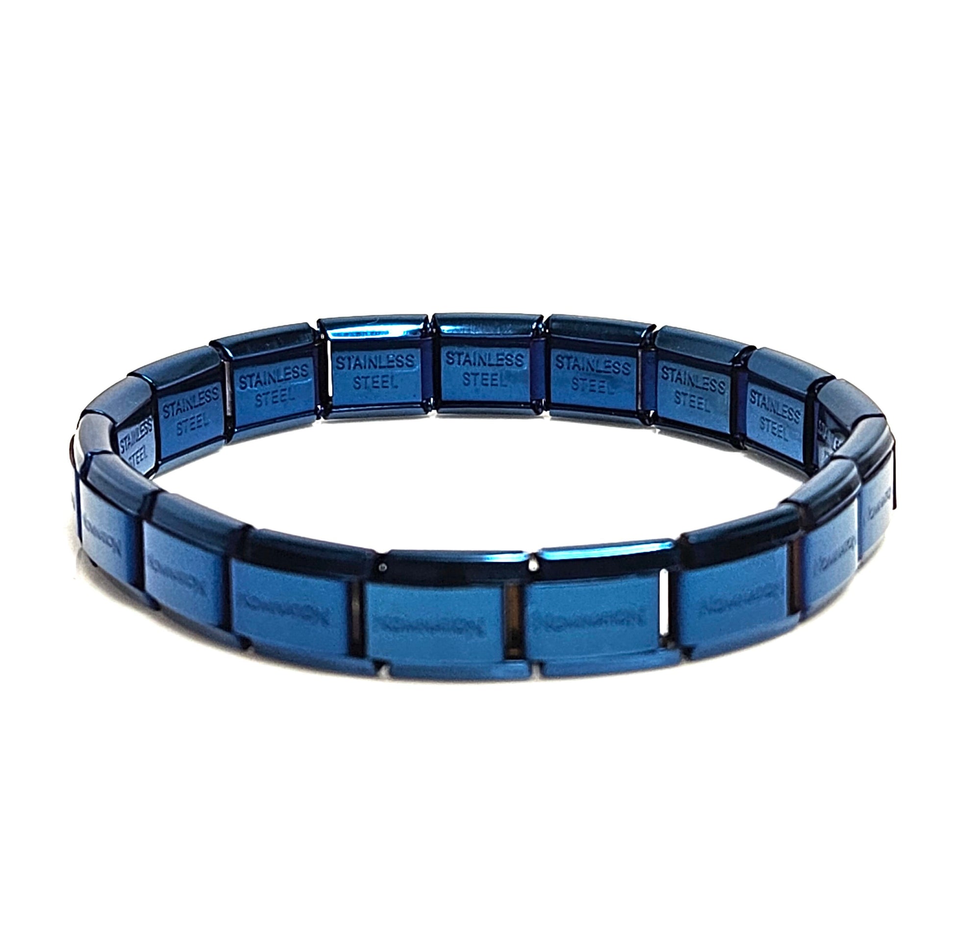 Mens Black Metallic Blue Stretch Bracelets, Stainless Steel Tile Bracelets for Men, Male Jewellery, Fashion Gift for Him