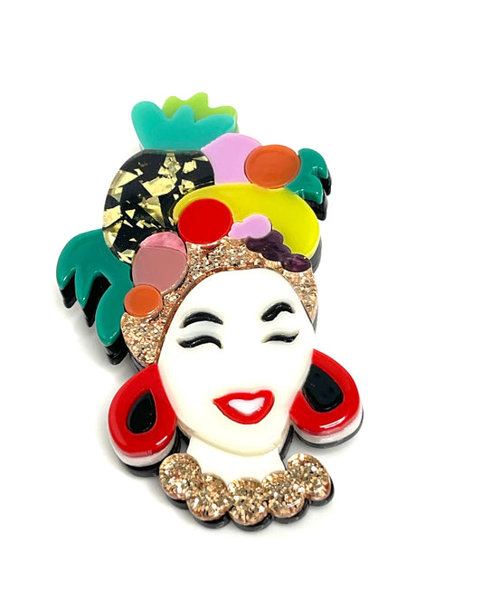 Lady with Tutti Fruiti HeadDress Brooch, Carribean Film Star Style, Fashion Pin for Jacket Scarf, Large Brooch, Brooches For Women