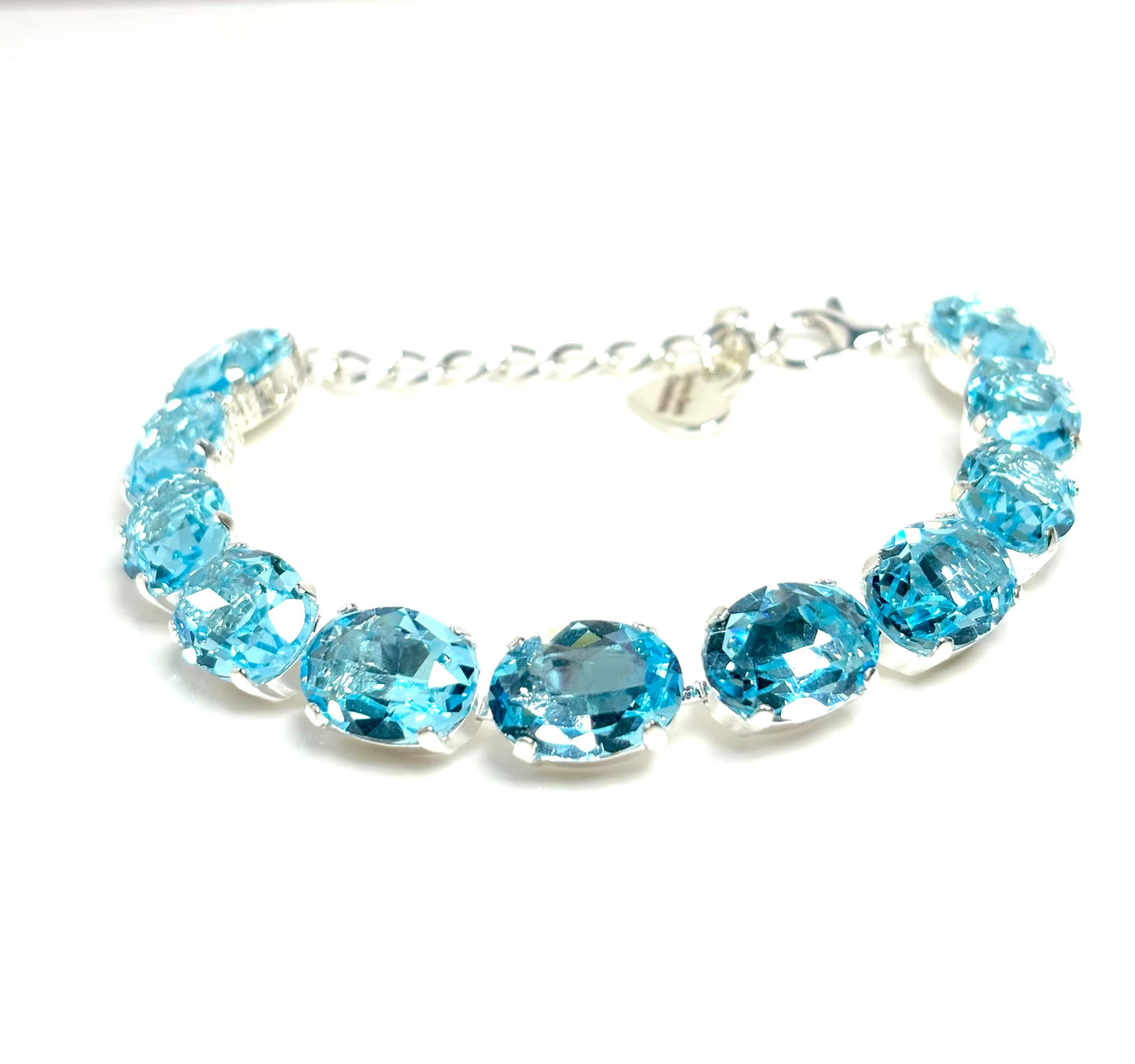 Aquamarine Blue Crystal Bracelet, Silver Plated, Oval Sky Blue Tennis Bracelet, Georgian Collet Bracelet, Bracelets for WomenAquamarine Blue Crystal Bracelet | Silver Plated | Oval Sky Blue Tennis Bracelet | Georgian Collet Bracelet