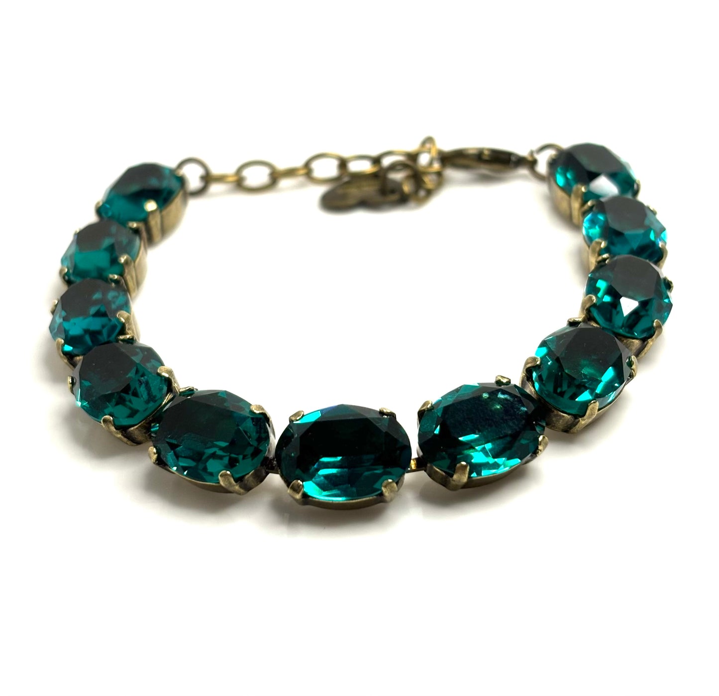 Emerald Green Oval Crystal Bracelet, Antique Brass, Dark Green Tennis Bracelet, Georgian Collet Bracelet, Bracelets for Women