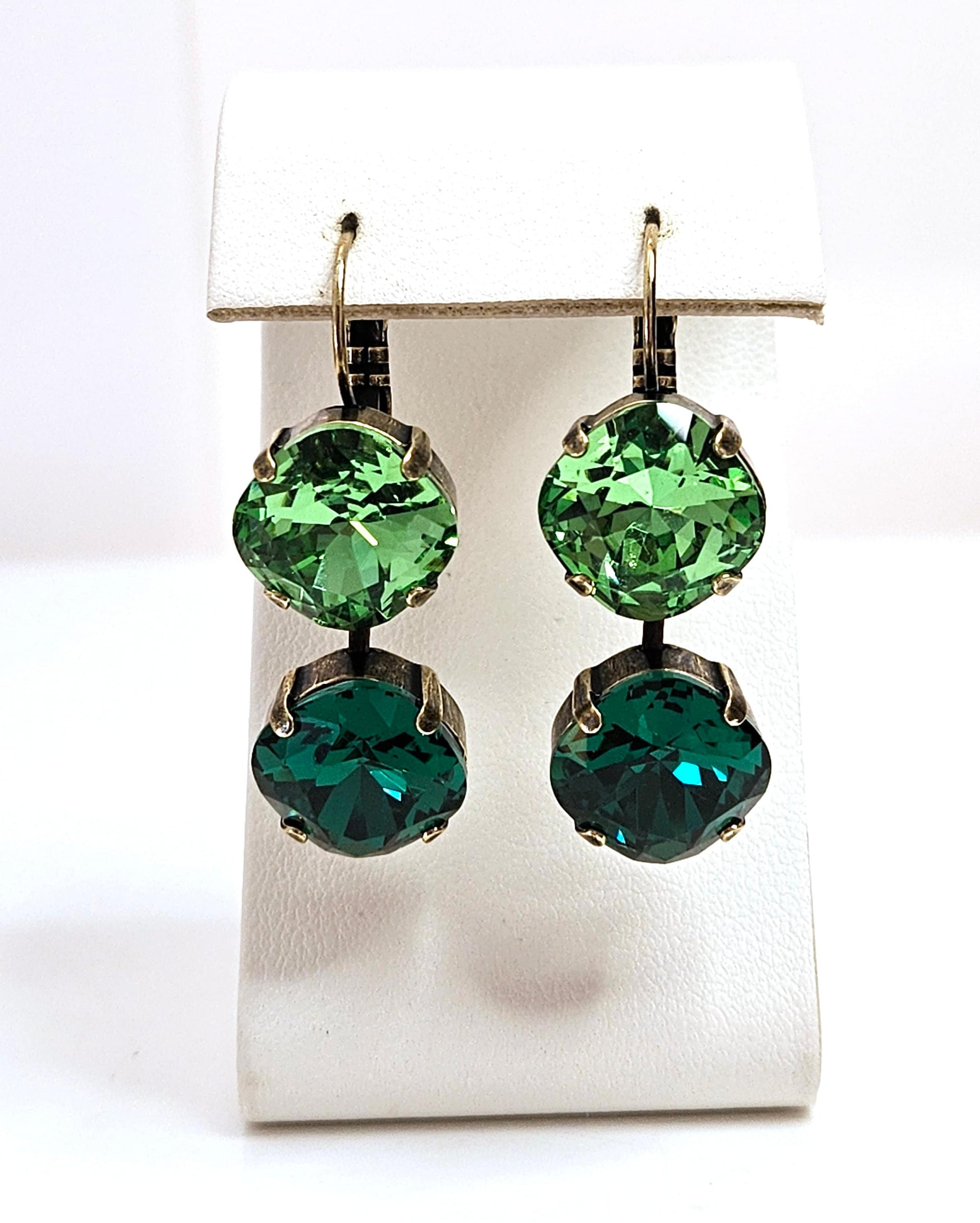 Emerald Peridot Crystal Earrings, Crystal Drops, Dark Light Green Dangles, Green Antique Brass Earrings, Statement Earrings For Women