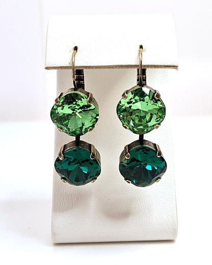 Emerald Peridot Crystal Earrings, Crystal Drops, Dark Light Green Dangles, Green Antique Brass Earrings, Statement Earrings For Women