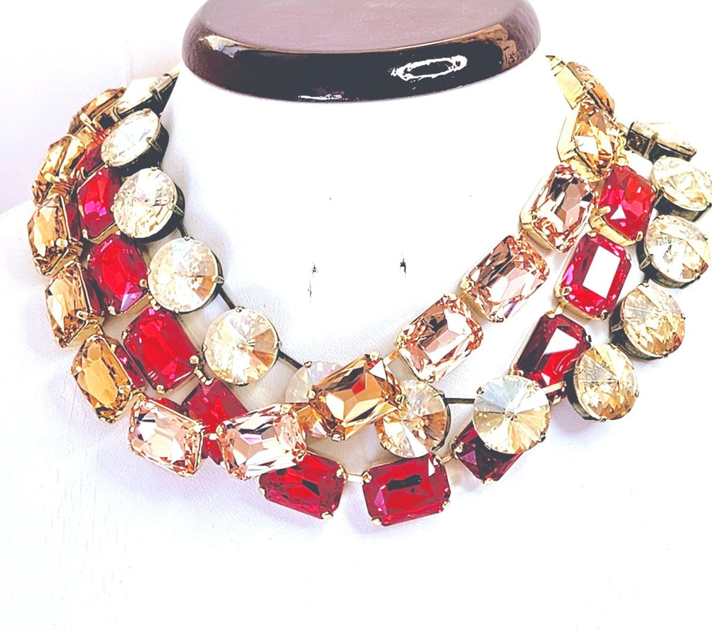 Red Champagne Crystal Georgian Collet Necklaces | Gold Crystal Chokers 