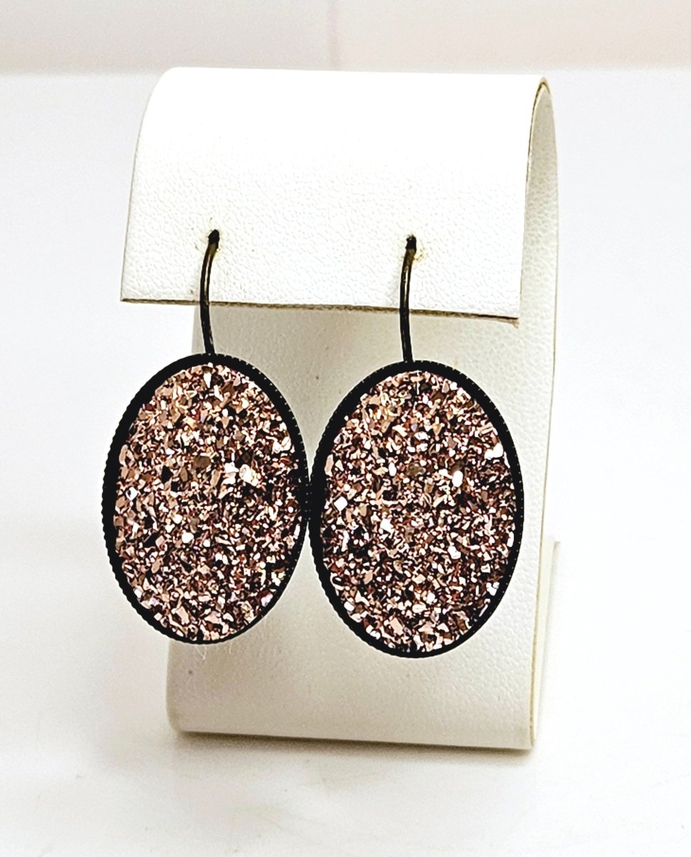 Large Rose Gold Faux Druzy Earrings | Sparkly Crystal Drops | Black Plated