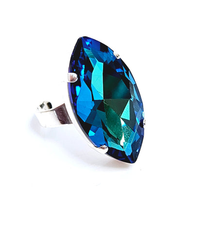 Large Bermuda Blue Crystal Ring, Large Blue Green Statement Ring, Silver Plated, Georgian Collet, Vintage Style, Rings For Women, Dark Red Navette