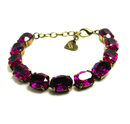 Fuschia Oval Crystal Bracelet, Antique Brass, Dark Pink Tennis Bracelet, Bridal Jewellery, Georgian Bracelet, Bracelets for Women