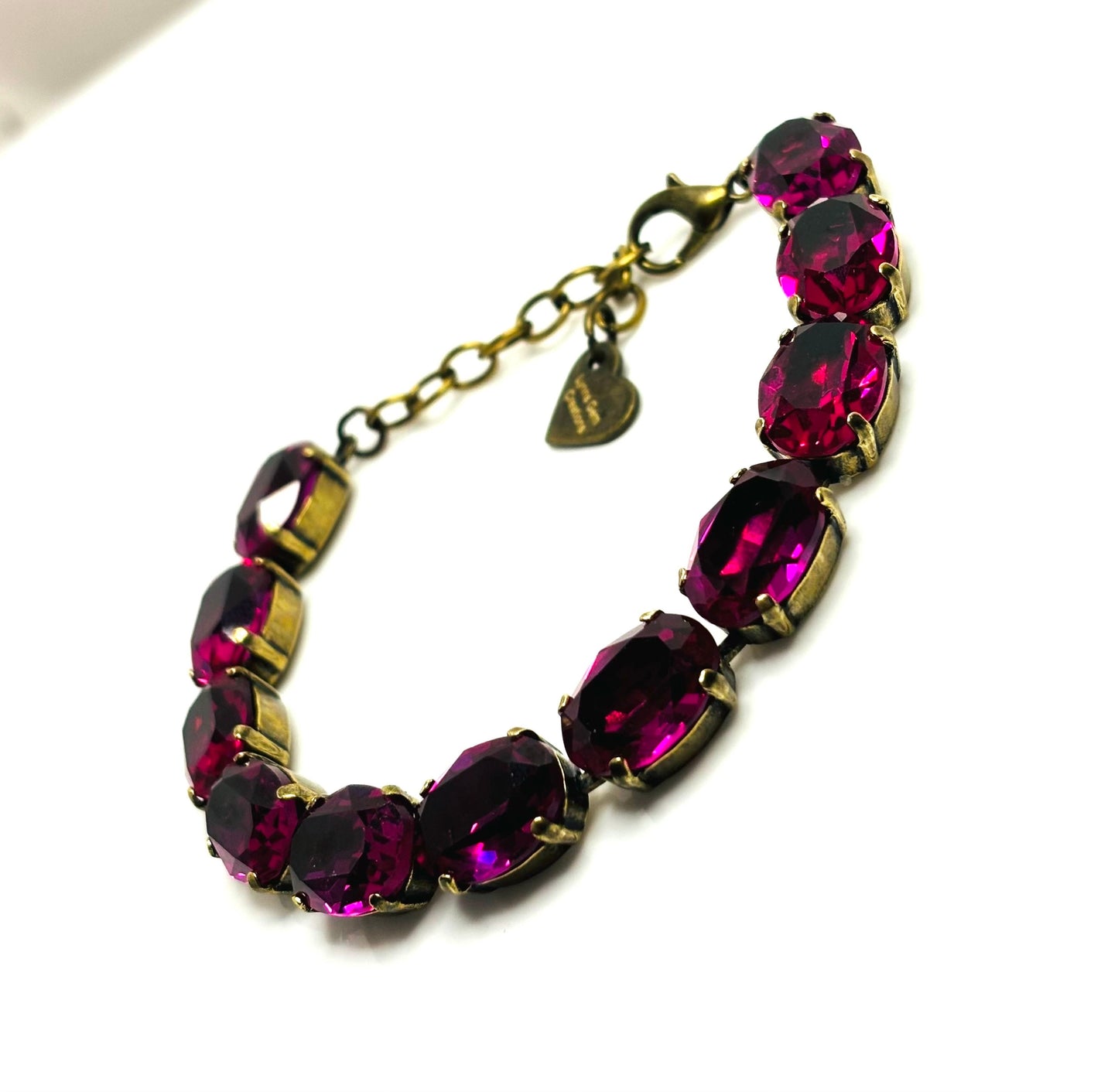 Fuschia Oval Crystal Bracelet, Antique Brass, Dark Pink Tennis Bracelet, Bridal Jewellery, Georgian Bracelet, Bracelets for Women