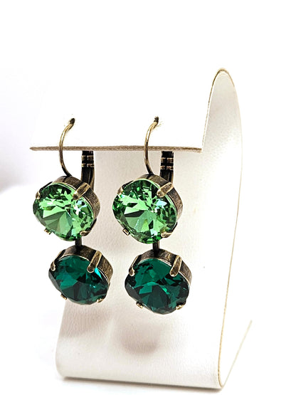 Emerald Peridot Crystal Earrings, Crystal Drops, Dark Light Green Dangles, Green Antique Brass Earrings, Statement Earrings For Women