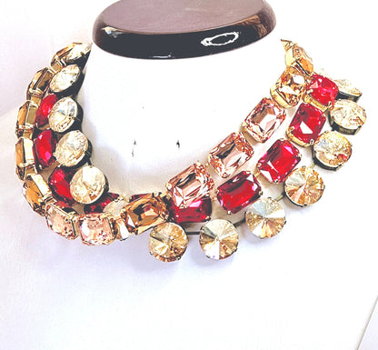 Red Champagne Crystal Georgian Collet Necklaces, Gold Crystal Choker, Anna Wintour Style, Riviere Necklaces, Statement Necklaces