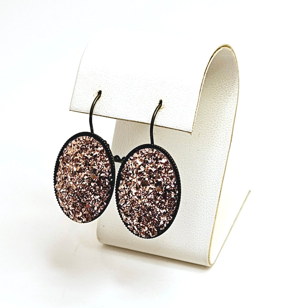 Large Rose Gold Faux Druzy Earrings | Sparkly Crystal Drops | Black Plated