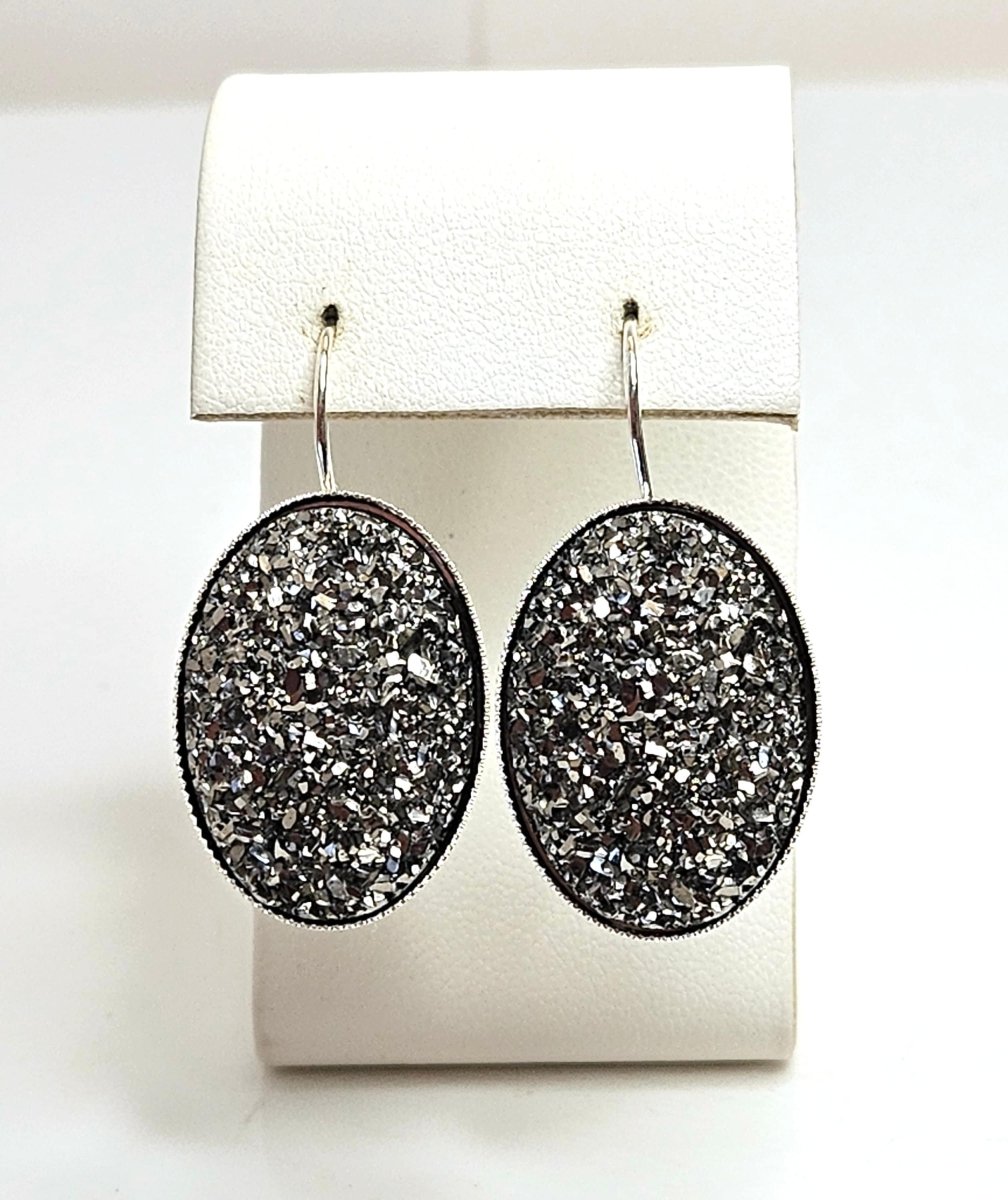 Large Dark Silver Druzy Earrings | Sparkly Crystal Drops | Silver Plated