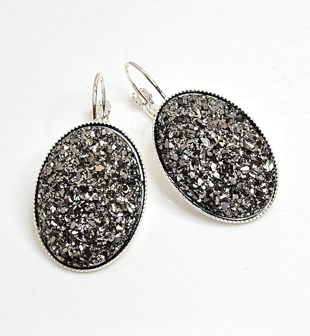 Large Dark Silver Druzy Earrings | Sparkly Crystal Drops | Silver Plated
