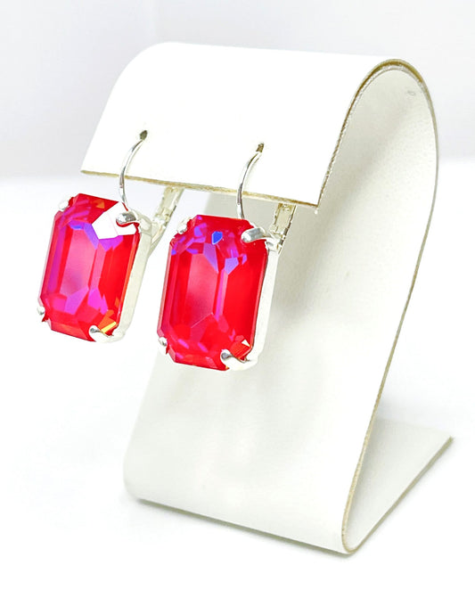 Red Pink Crystal Earrings, Royal Red Delite Octagon Dangles, Earrings for Women, Statement Drops, Silver Plated, Georgian Style