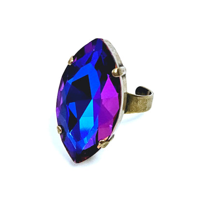 Large Violet Blue Crystal Ring, Large Purple Blue Statement Ring, Antique Brass, Georgian Collet, Vintage Style, Rings For Women, Dark Red Navette