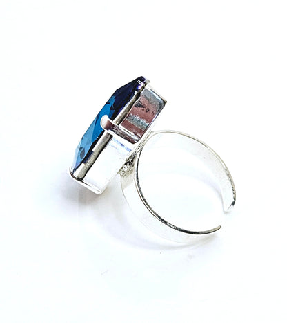 Large Bermuda Blue Crystal Ring, Large Blue Green Statement Ring, Silver Plated, Georgian Collet, Vintage Style, Rings For Women, Dark Red Navette