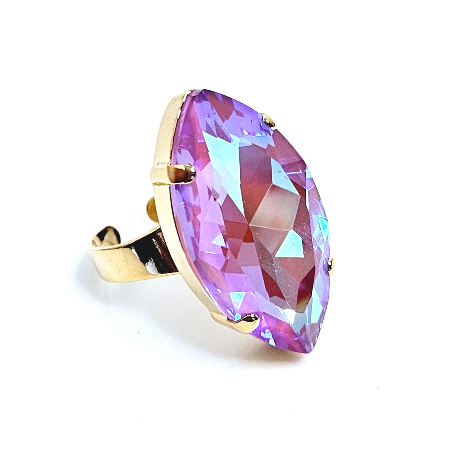 Large Lilac Crystal Ring, Large Lilac Delite Statement Ring, Gold Plated, Georgian Collet, Vintage Style, Rings For Women, Dark Red Navette