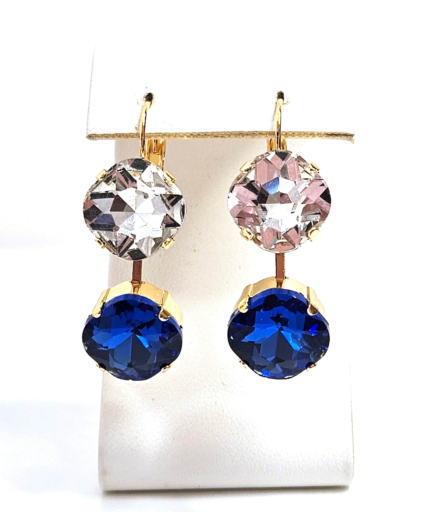 Sapphire Blue Crystal Earrings, Crystal Drops, Dark Blue Clear Dangles, Gold Plated Earrings, Statement Earrings For Women