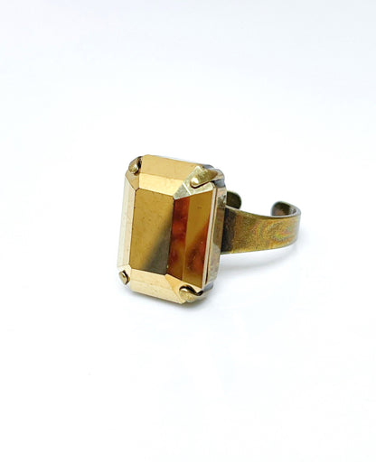 Gold Octagon Crystal Ring, Rectangle Statement Ring, Crystal Jewellery, Antique Brass, Georgian Collet, Vintage Style, Rings For Women