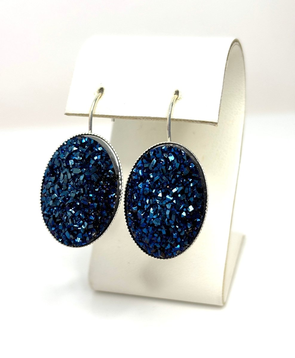 Dark Blue Druzy Earrings | Sparkly Crystal Drops | Silver Plated