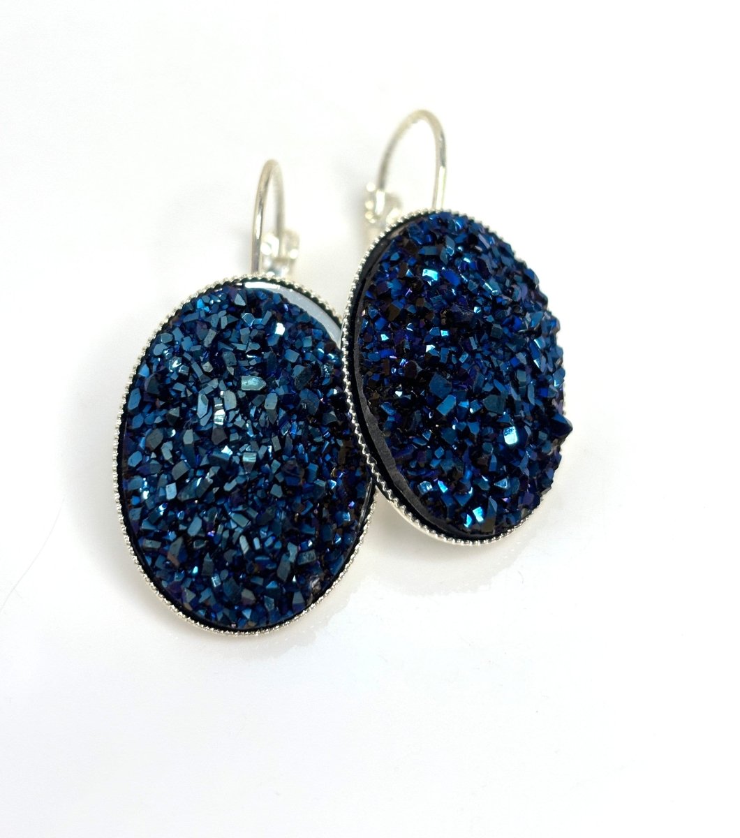 Dark Blue Druzy Earrings | Sparkly Crystal Drops | Silver Plated